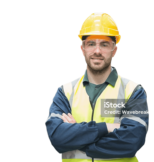 A man wearing hi-vis and a hard hat