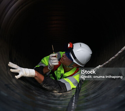 A man on a walkie-talkie in a tunnel