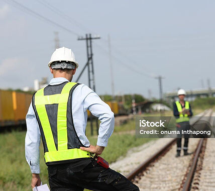 Photo of a rail worker on train tracks