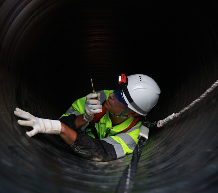 A man on a walkie-talkie in a tunnel