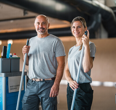 A man and a woman, both holding mops