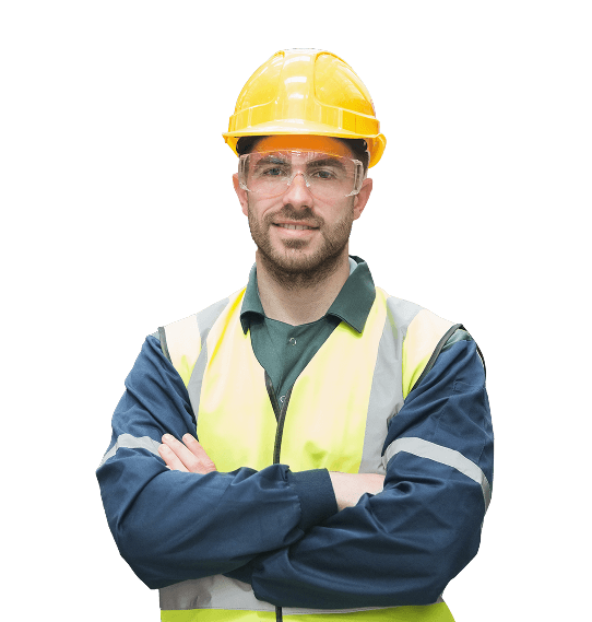 A man wearing hi-vis and a hard hat