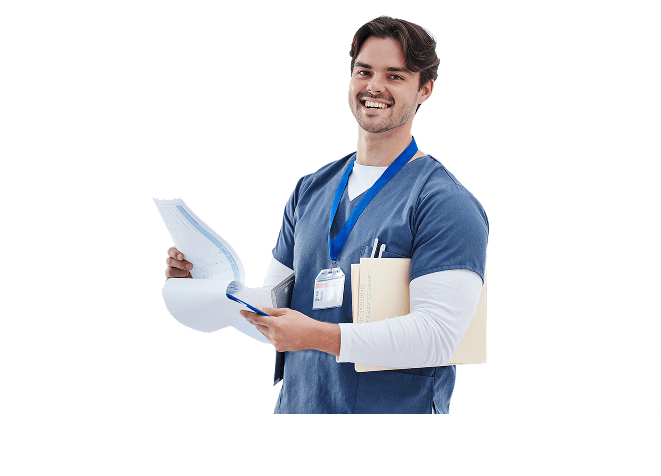 A medical professional wearing scrubs and carrying paperwork, smiling to camera