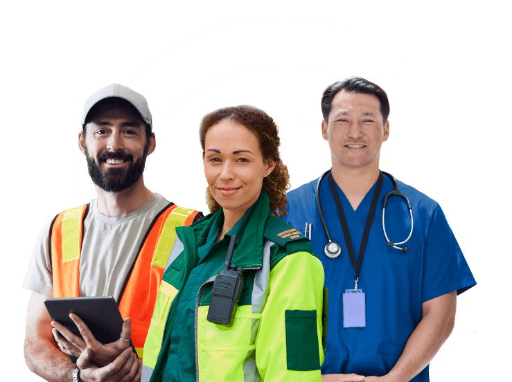 A man in hi-vis, a paramedic and a medical worker all smile to camera