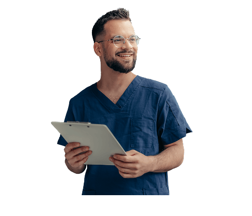 A medical professional smiling away from camera