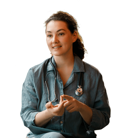 A medical professional gesturing to someone off-camera