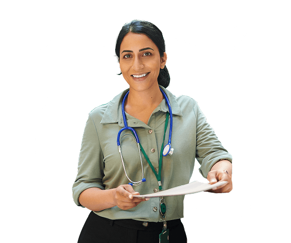 A female doctor with a stethoscope around her neck