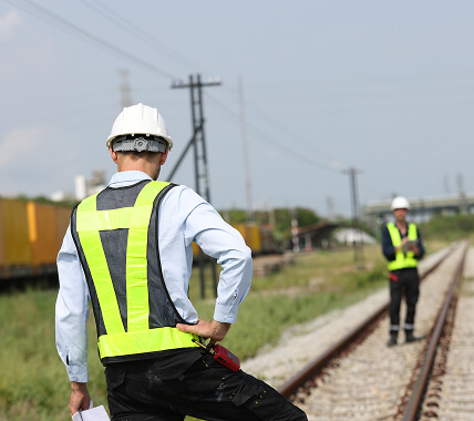 Photo of a rail worker on train tracks