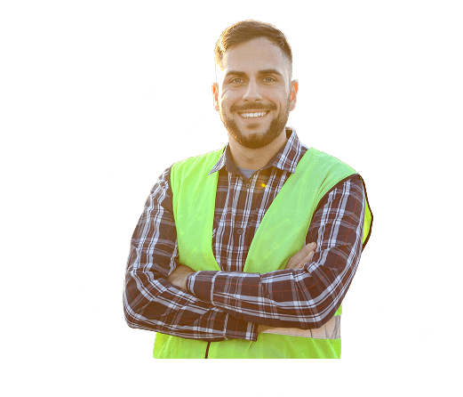 A man wearing a hi-vis vest smiling to camera with his arms crossed